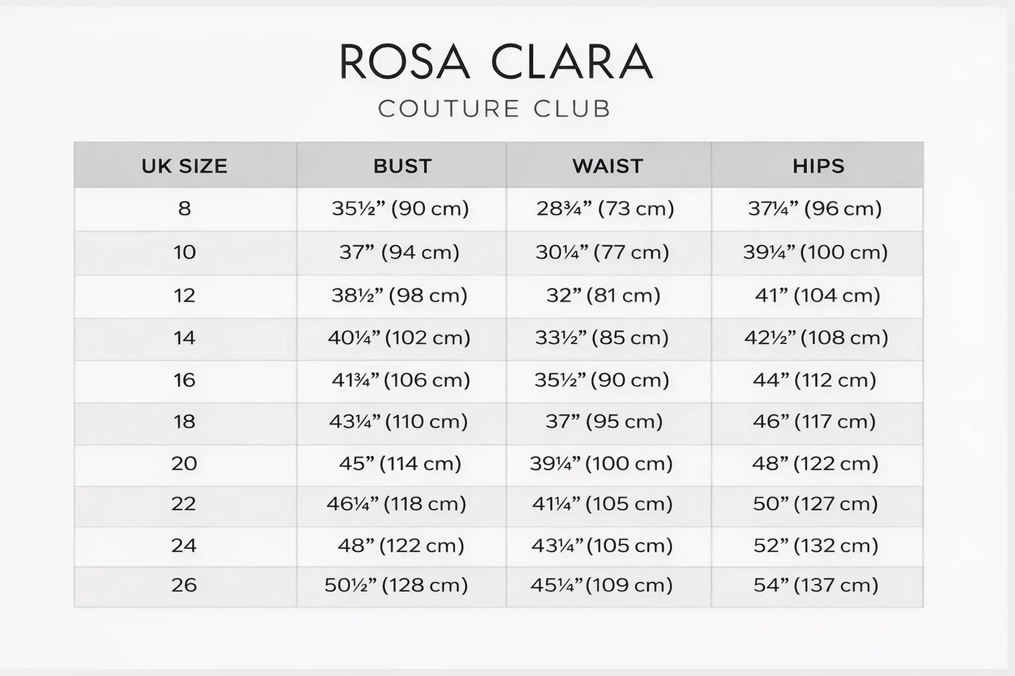 Rosa Clara Couture Club size chart with UK size, bust, waist, and hips measurements.