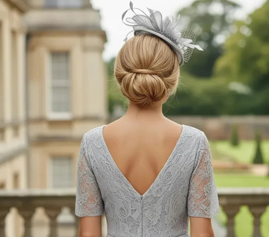 Woman in a ispirato by Condici light sage mother of the bride dress and jacket and matching sage green fascinator attending a wedding. Signature Dress.