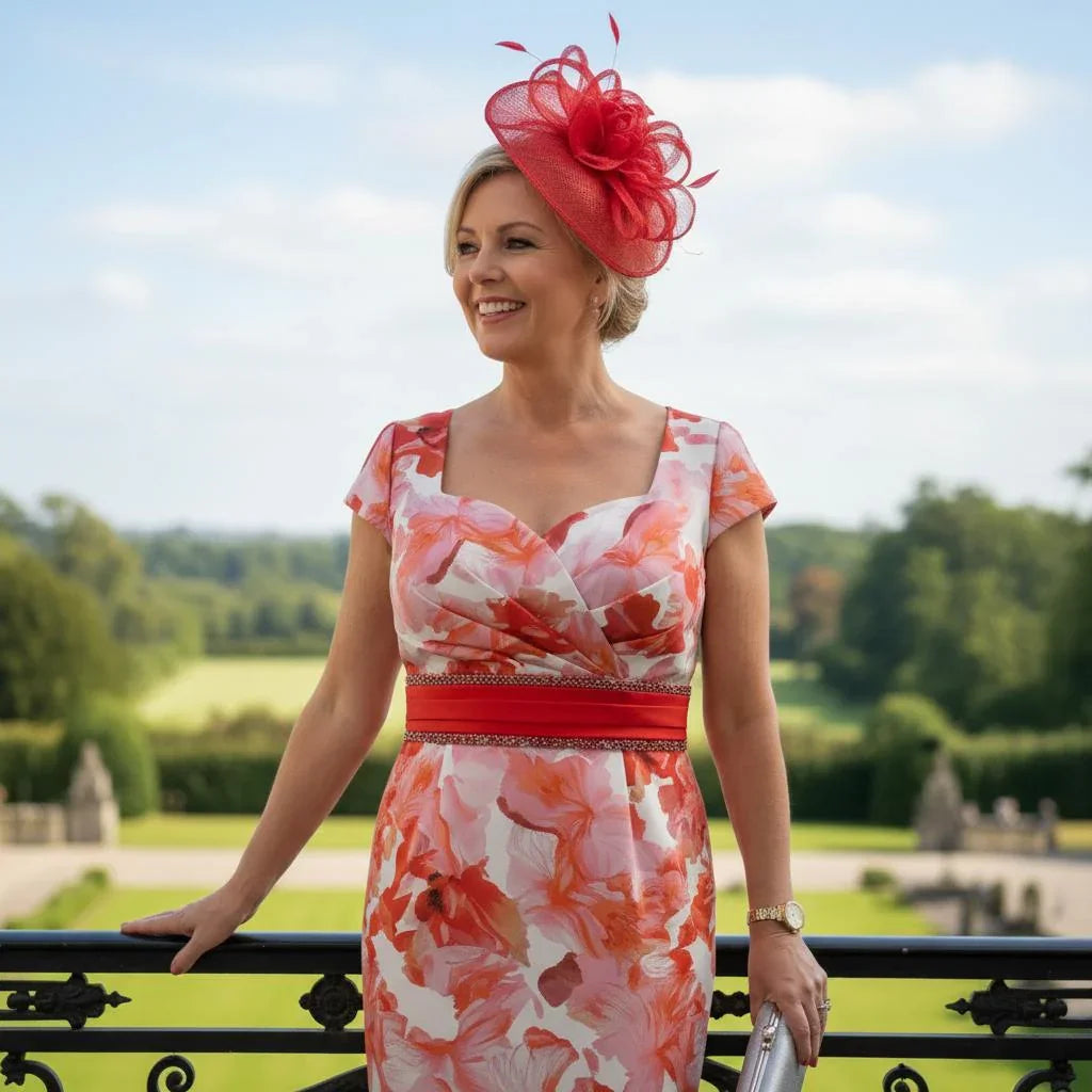 Woman in a red 2 piece outfit with a floral pattern - Signature Dress