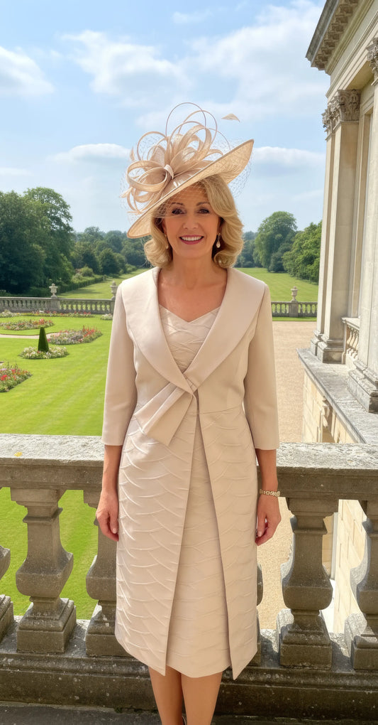 Woman in a beige lizabella 2662 mother of the bride outfit standing on a balcony with a garden view at a wedding - signature dress