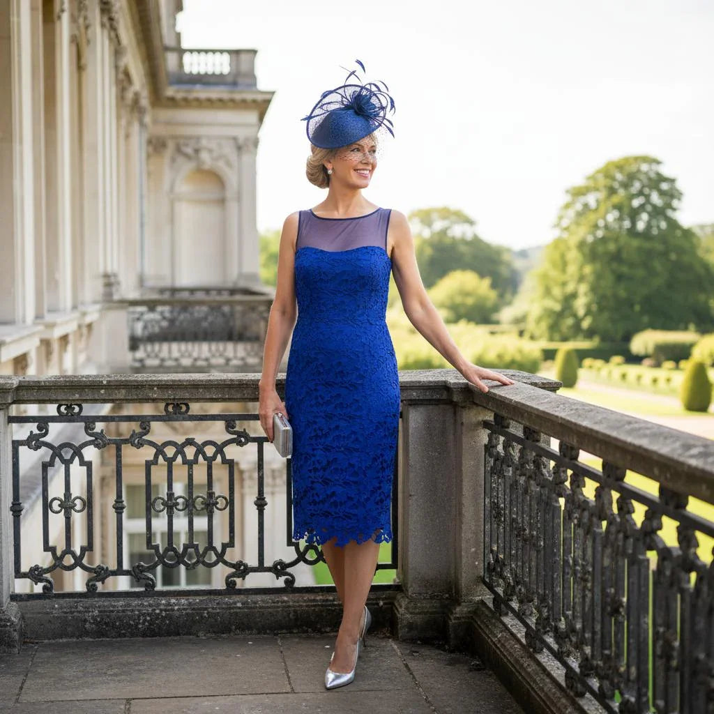 Woman in a veni infantino blue mother of the bride dress and poncho wearing a matching fascinator hat standing on a balcony with greenery in the background. Signature Dress.