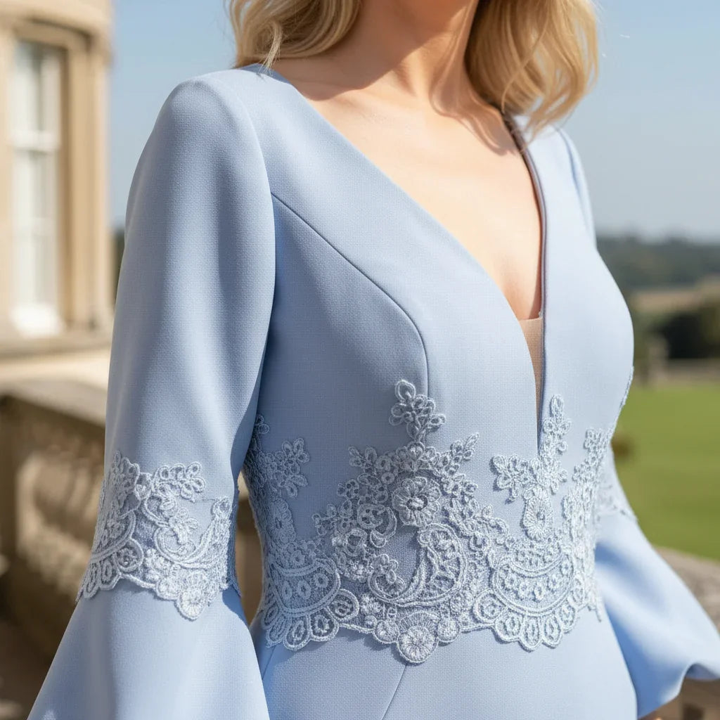 Veni Infantino 991153 Blue mother of the bride dress with 3/4 puff sleeve knee length, v neck