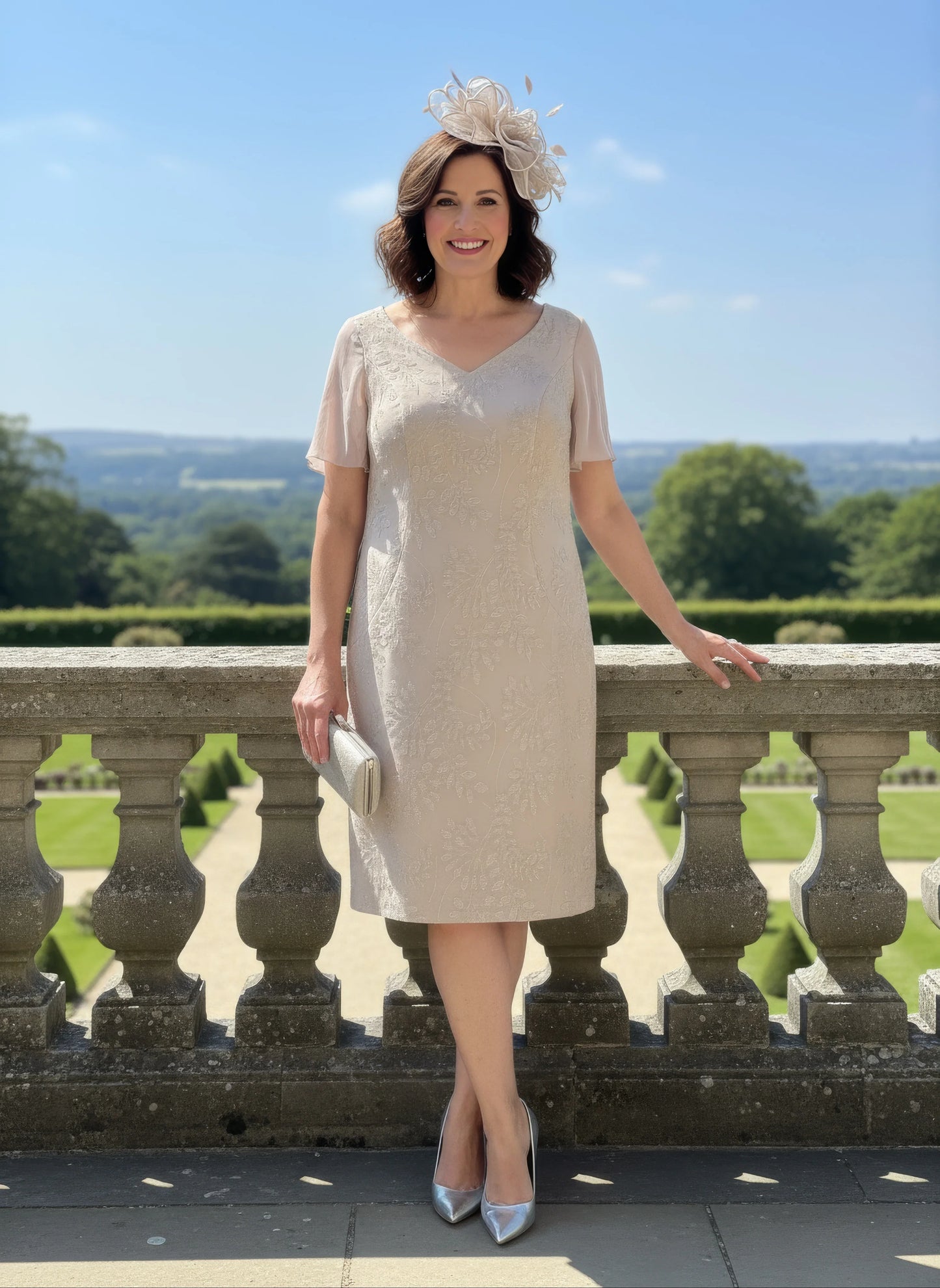 Woman in a veromia light champagne mother of the bride dress and jacket and matching beige fascinator standing on a balcony ready to attend a wedding. Signature Dressbackground