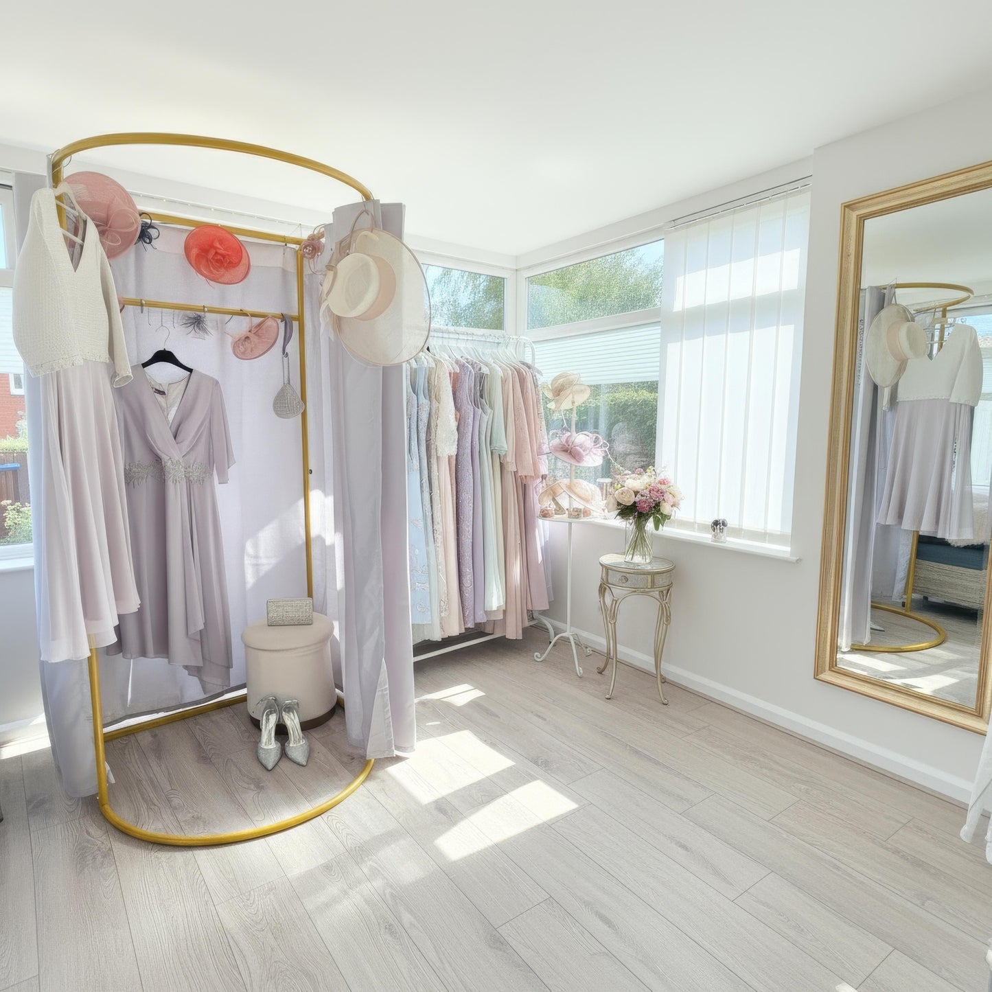 Modern wardrobe at signature dress with clothes, a mirror, and a small table with flowers in a bright room. Signarure Dress Mother of the bride store in barnsley.
