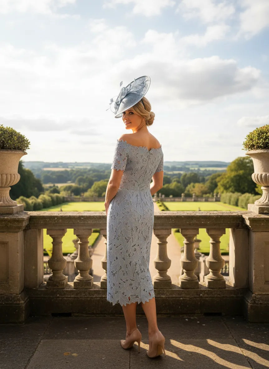 Back view of dusty blue Irresistible IR7410G dress with elegant lace detailing.