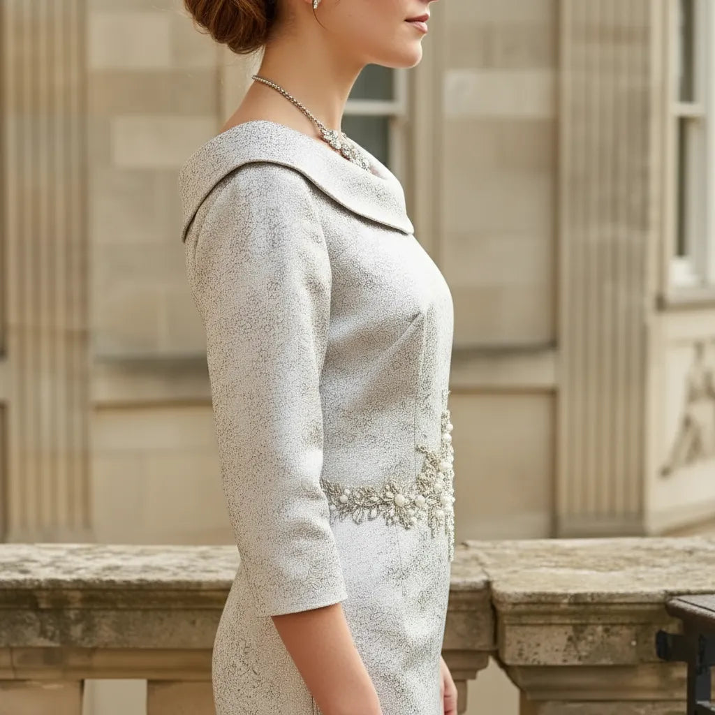 Side view of a woman stood on a balcony wearing a sprkly gold mother of the bride dress ready for a wedding.