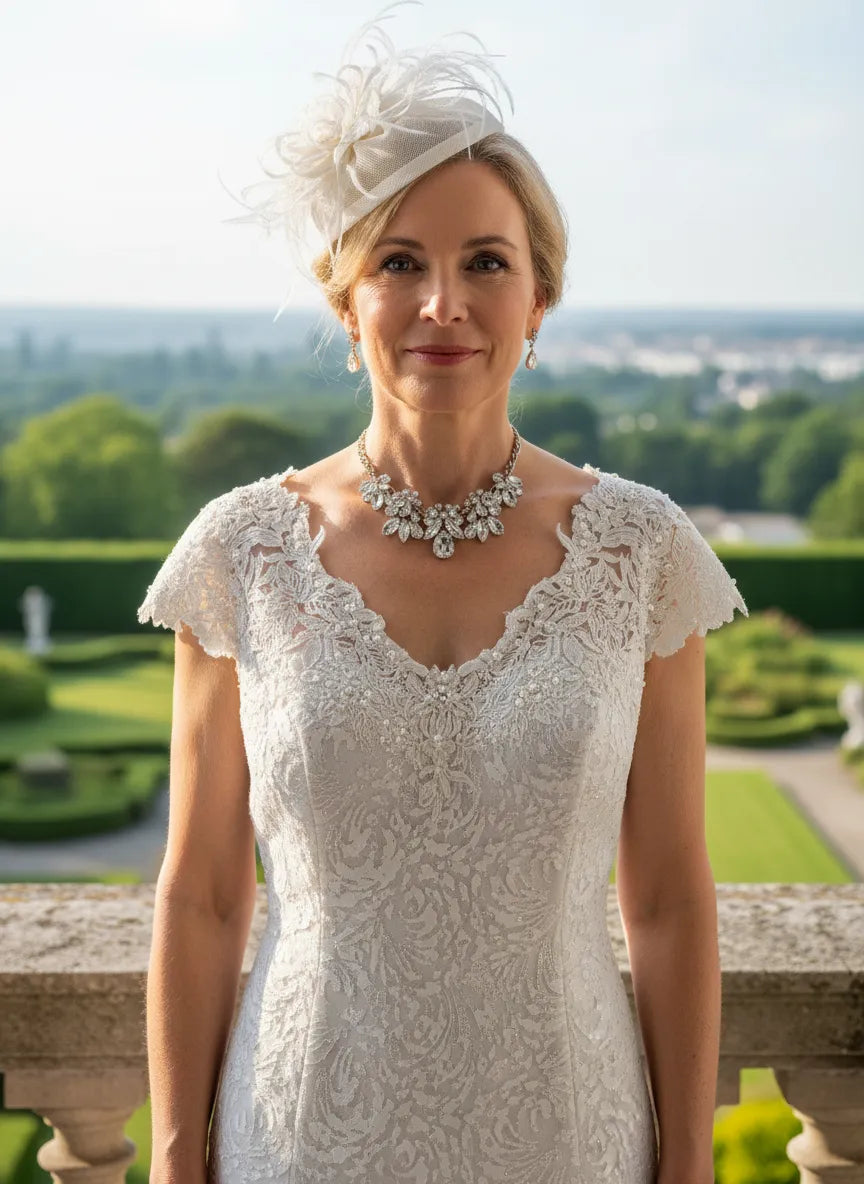Woman in a gold mother of the bride dress with a decorative gold fascinator and necklace, standing outdoors with greenery in the background.