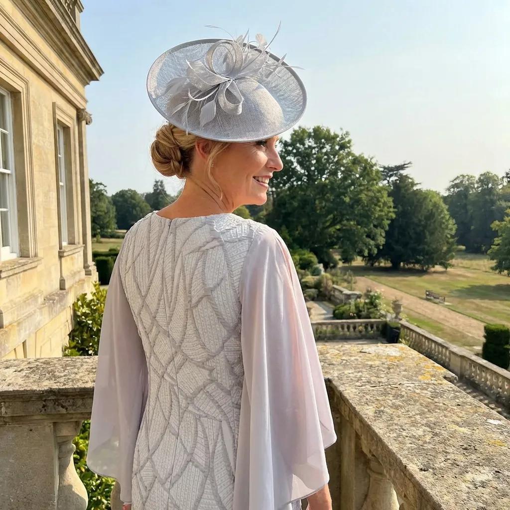 Back view of the silver Lizabella 2366 dress with chiffon cape"‘style sleeves and embossed fabric, photographed on a terrace with manicured gardens in the background.