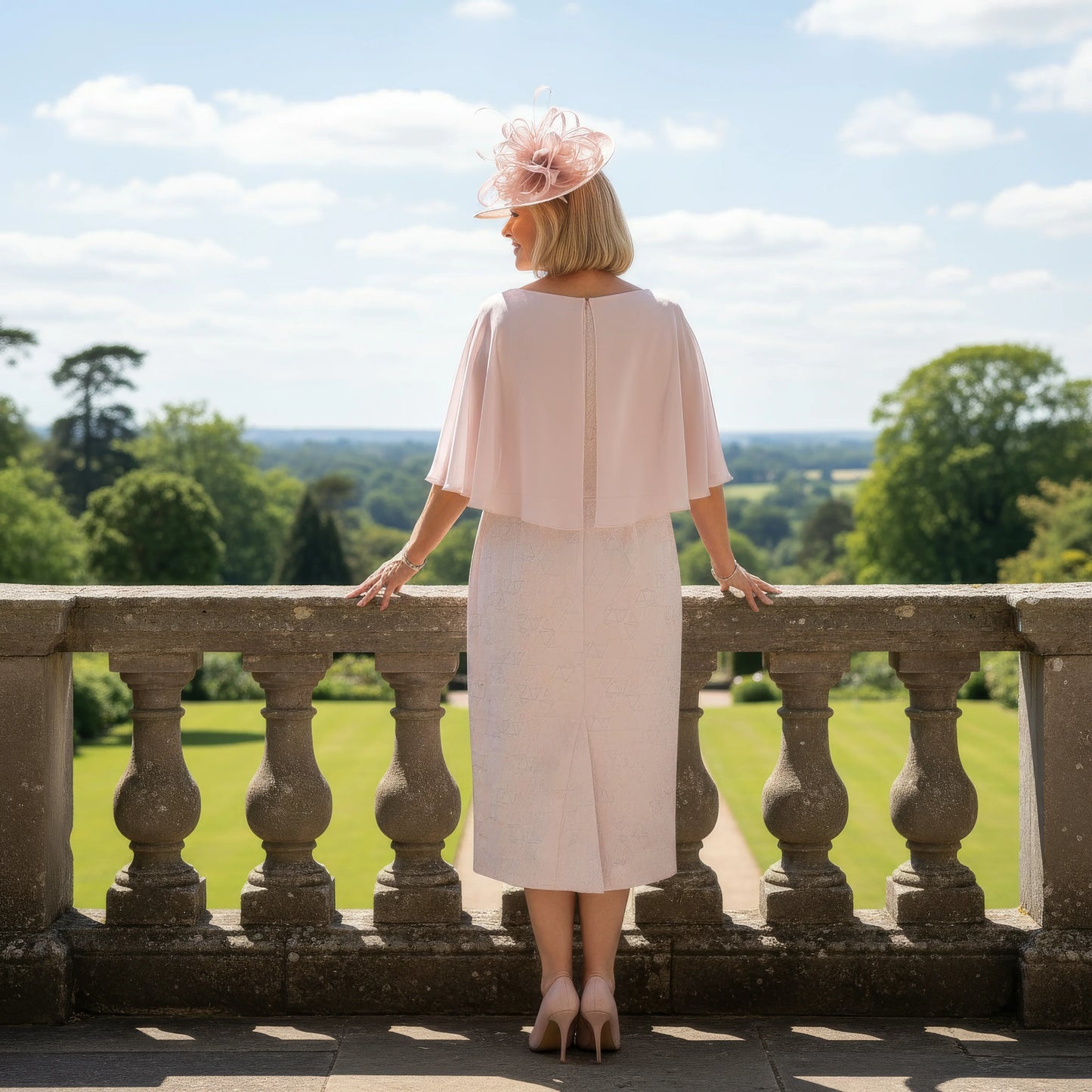 back view of Lizabella 2499 blush pink Mother of the Bride dress with chiffon cape sleeves and embellished waist.