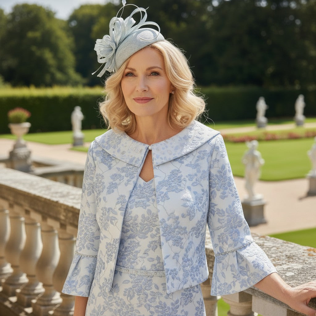 Woman in a light blue floral dress and matching jacket standing in a garden setting.