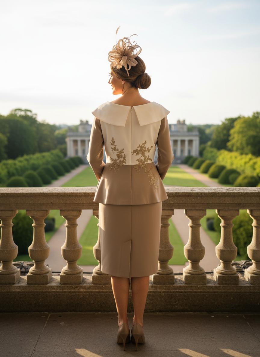 Woman in a curvy taupe mother of the bride with a floral headpiece standing on a balcony overlooking a garden.