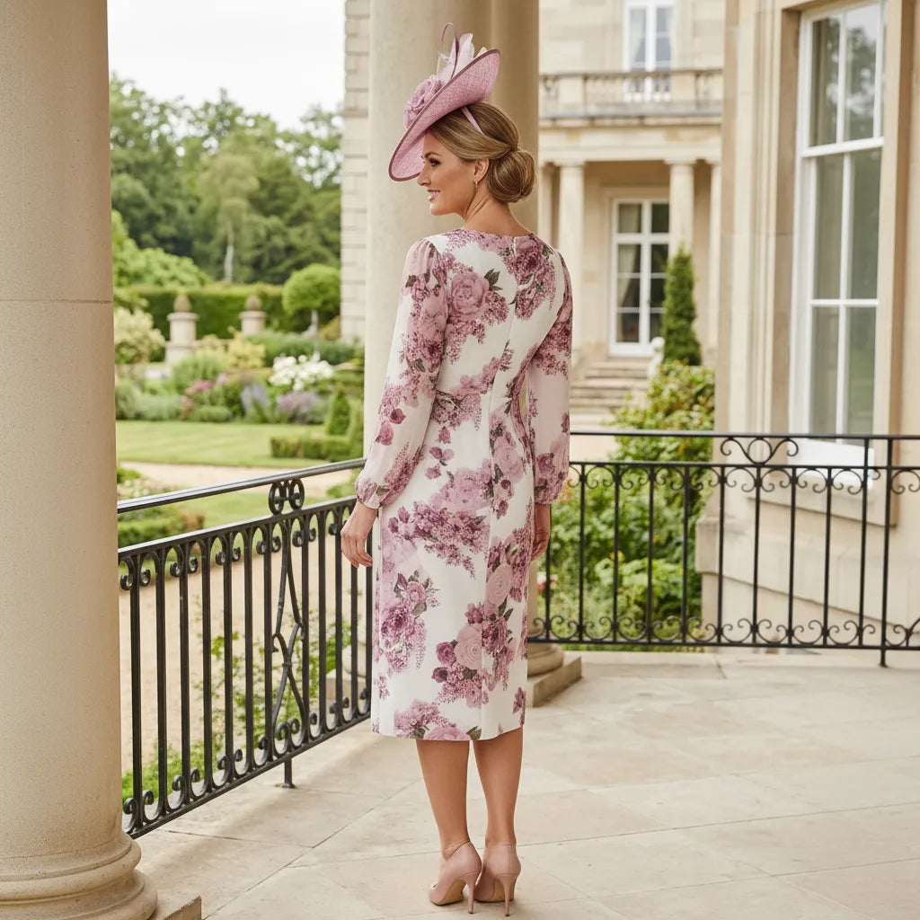Woman in a floral veromia pink mother of the bride dress and pink embellished fascinator hat standing on a balcony with a garden view.