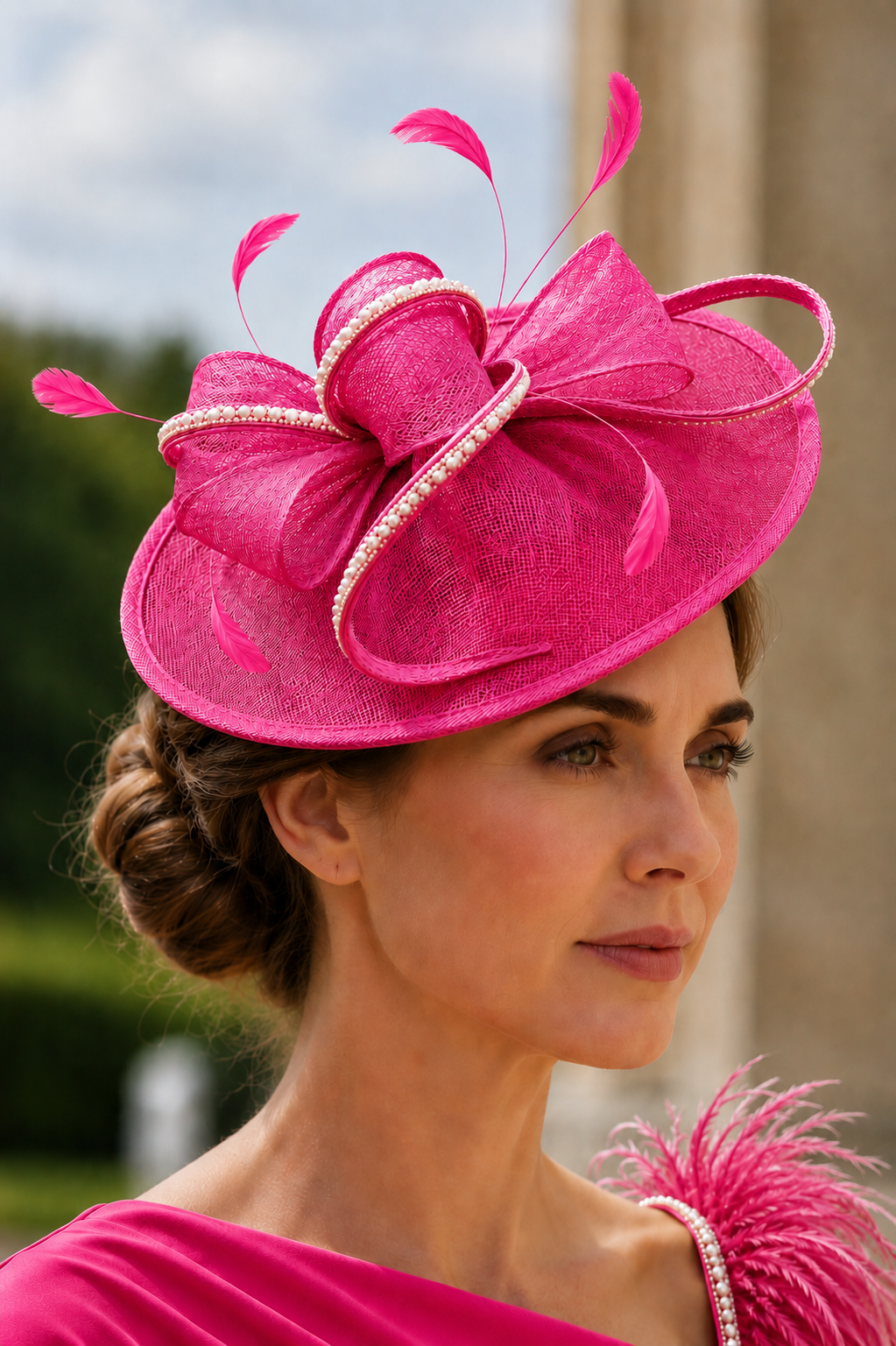 Pink fascinator for wedding guest and Mother of the Bride outfit in elegant soft blush design