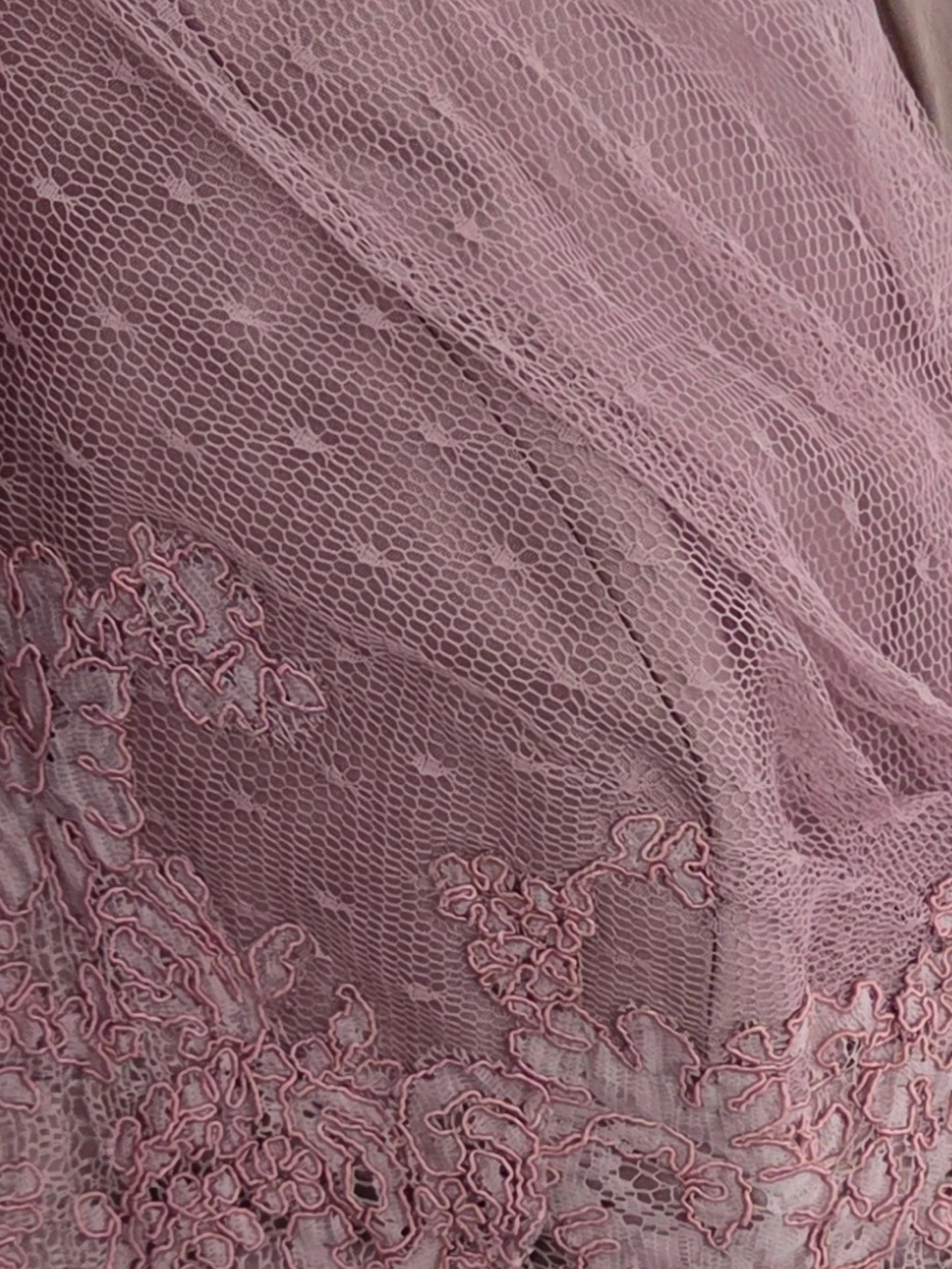 Close-up of pink lace fabric with intricate patterns