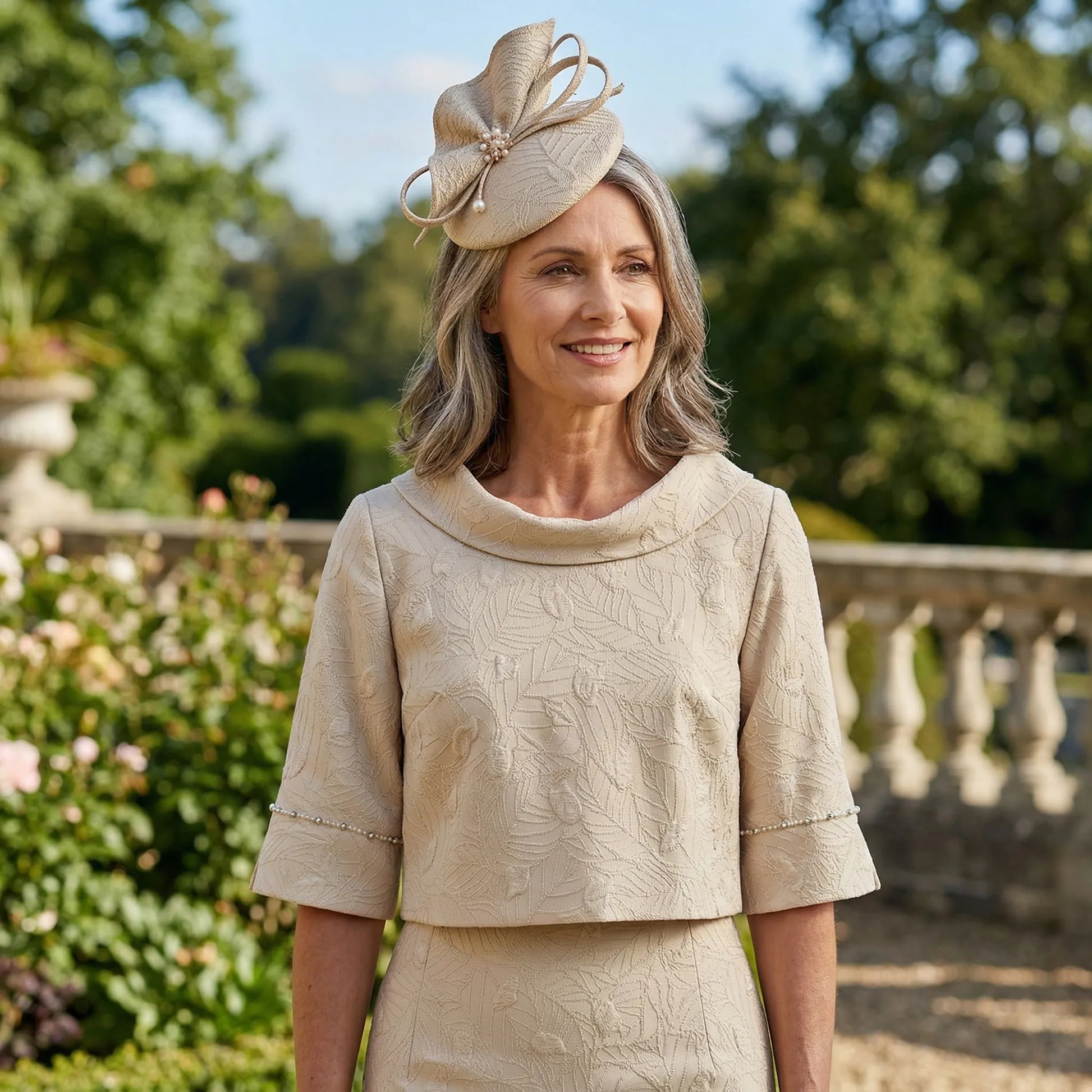 Woman in a beige mother of the bride 2 piece outfit with a matching beige fasciantor hat in a garden setting