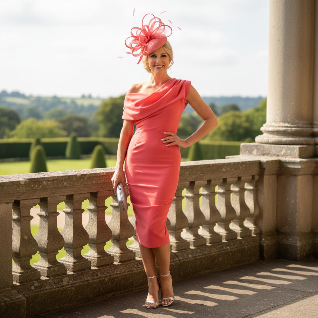 Woman in a coral bardot pencil dress perfect for the races. Signature Dress