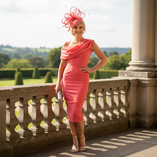 Woman in a coral bardot pencil dress perfect for the races. Signature Dress