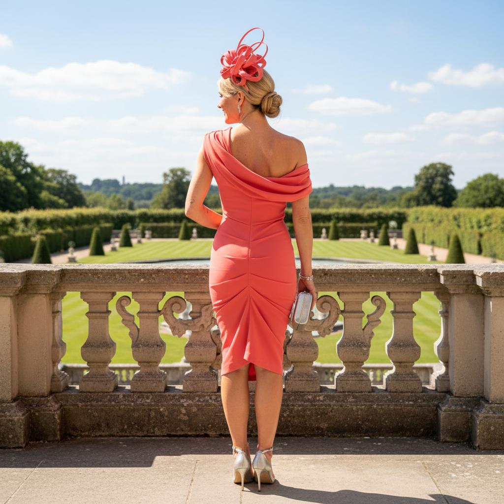 Woman in a coral bardot pencil dress perfect for the races. Signature Dress