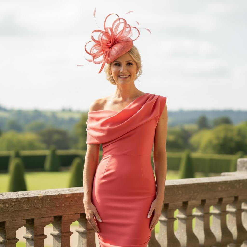 Woman in a coral bardot pencil dress perfect for the races. Signature Dress