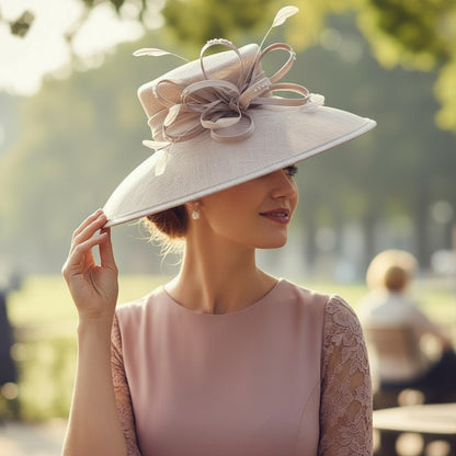 Woman wearing a large blush pint hat, decorative hat in an outdoor wedding setting