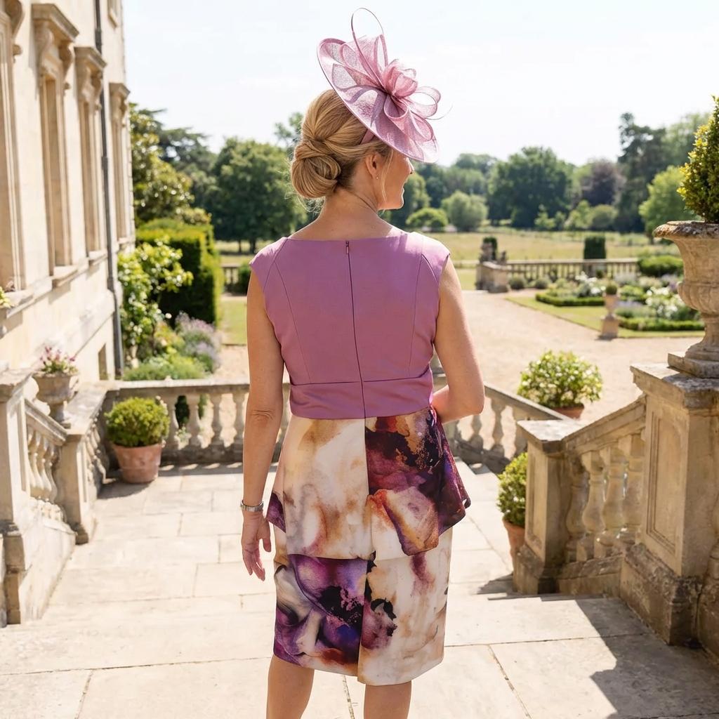 Woman in a Cabotine Donna floral pink mother of the bride dress and jacket and matching pink fascinator  hat standing on a balcony ready to attend a wedding. Signature Dress.