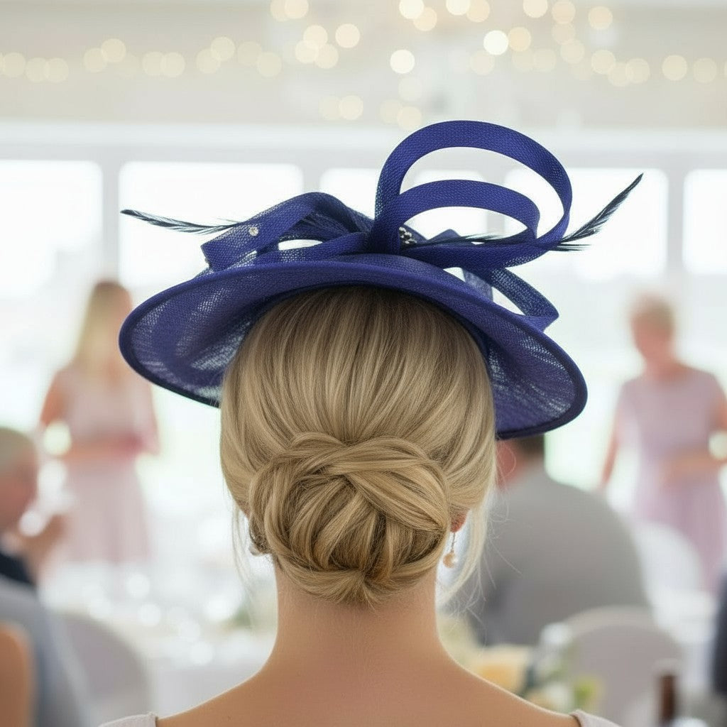 Woman wearing a cobalt blue embellished fascinator hat with feathers in an indoor setting