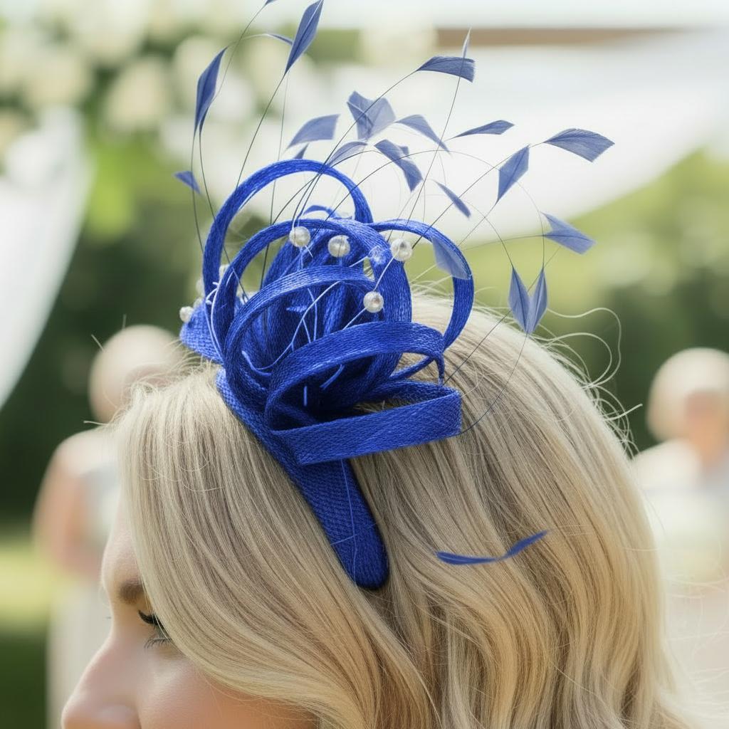 Woman wearing a cobalt blue fascinator at a wedding. Signature Dress
