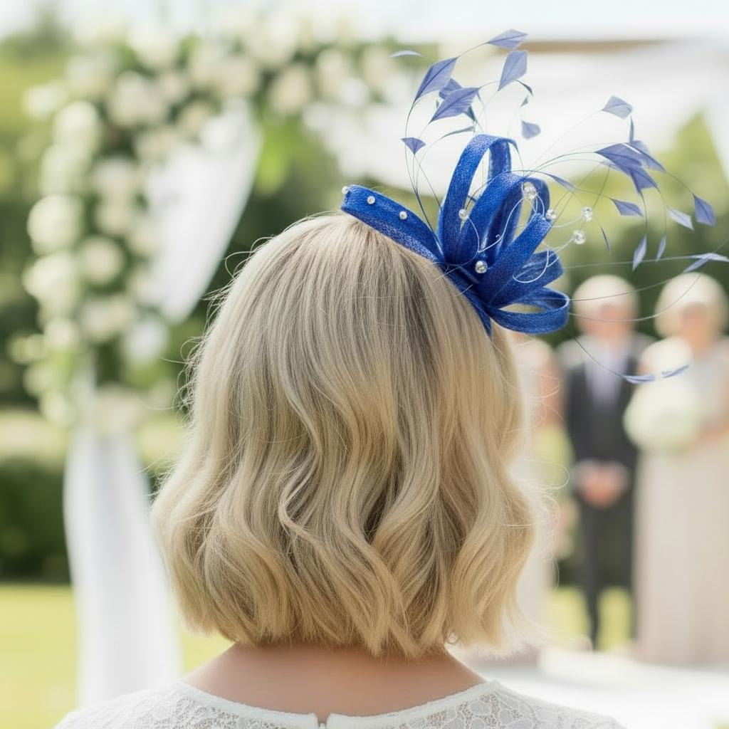 Woman wearing a cobalt blue fascinator at a wedding. Signature Dress