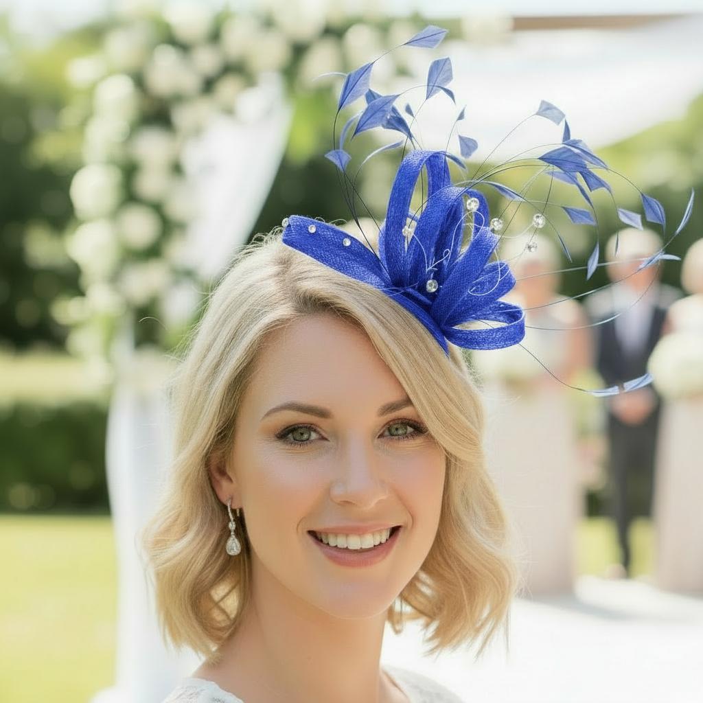 Woman wearing a cobalt blue fascinator at a wedding. Signature Dress