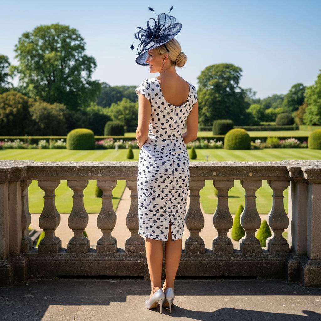 Woman in a beige and navy polka dot condici dress and jacket and a matching navy fascinator standing on a balcony with a garden and building in the background. Signature Dress.