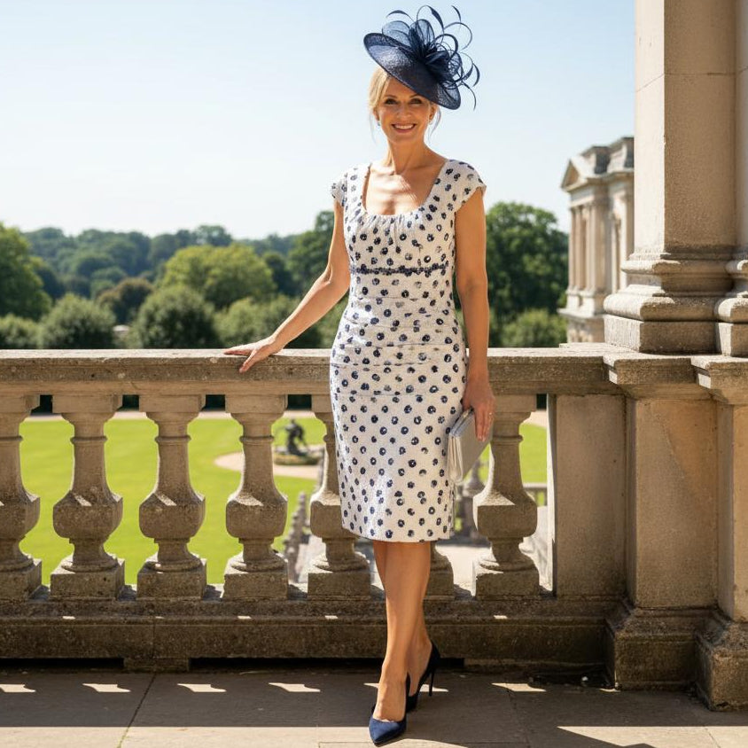 Woman in a beige and navy polka dot condici dress and jacket and a matching navy fascinator standing on a balcony with a garden and building in the background. Signature Dress.