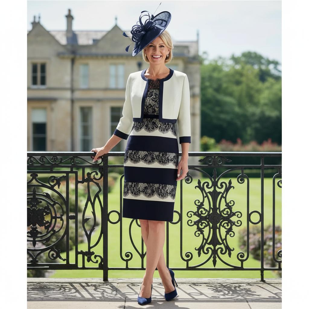 Woman in a floral condici navy and green mother of the bride dress and jacket she is also wearing a matching navy bespoke fasciantor hat standing on a balcony with a scenic background. Signature Dress.