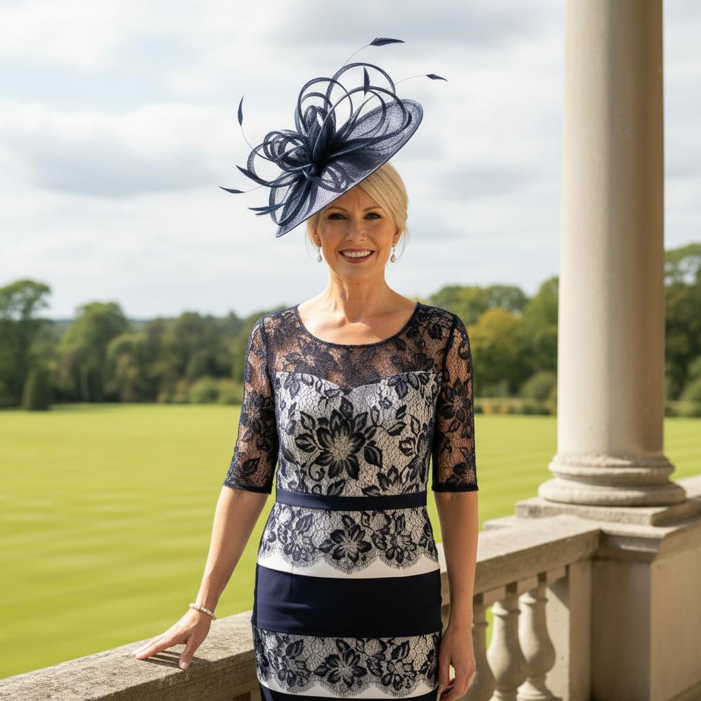 Woman in a floral condici navy and green mother of the bride dress and jacket she is also wearing a matching navy bespoke fasciantor hat standing on a balcony with a scenic background. Signature Dress.