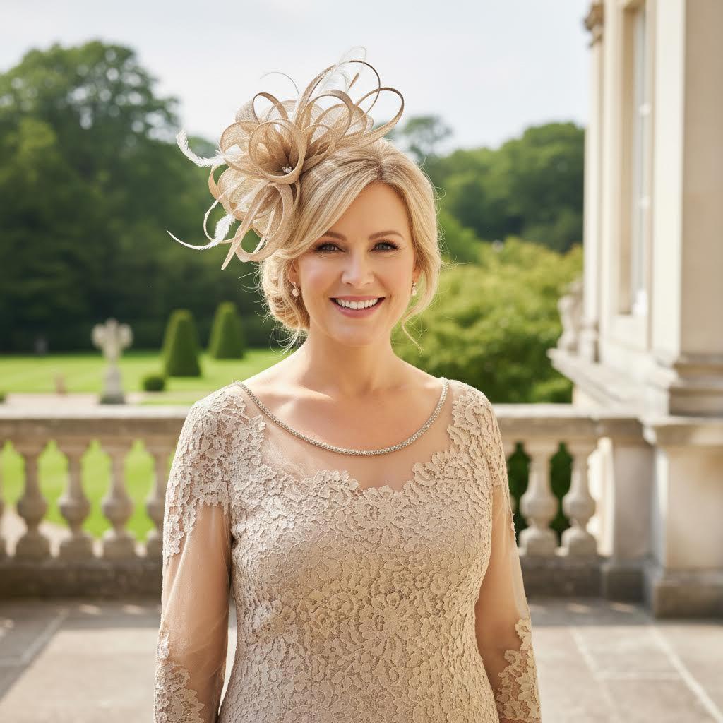 Woman in a condici beige mother of the dress and matching beige fascinator ready to attend a wedding. Signature Dress.