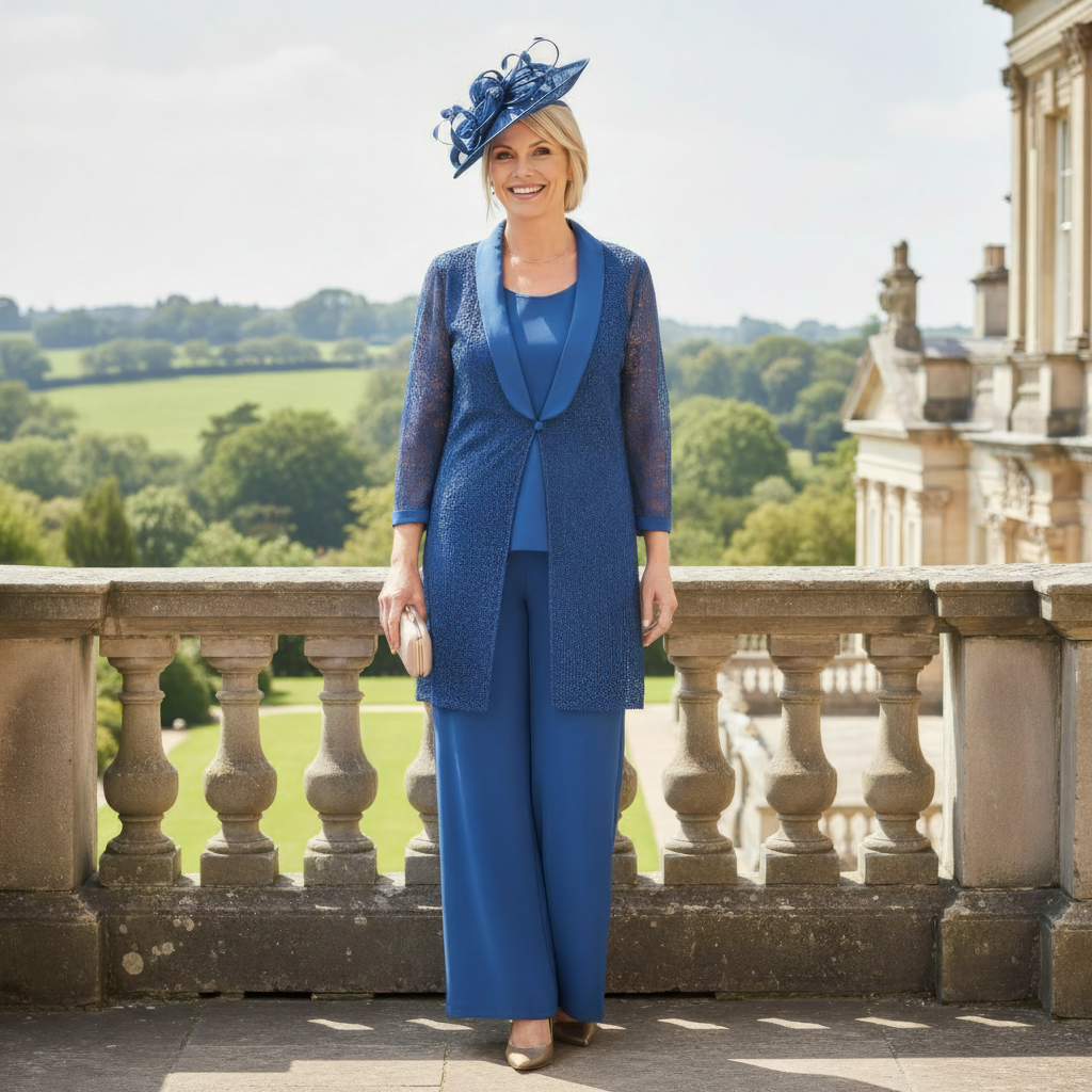 Woman in a blue Condici outfit standing on a balcony with a scenic background