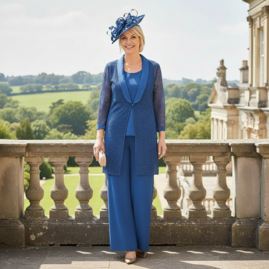 Woman in a blue Condici outfit standing on a balcony with a scenic background