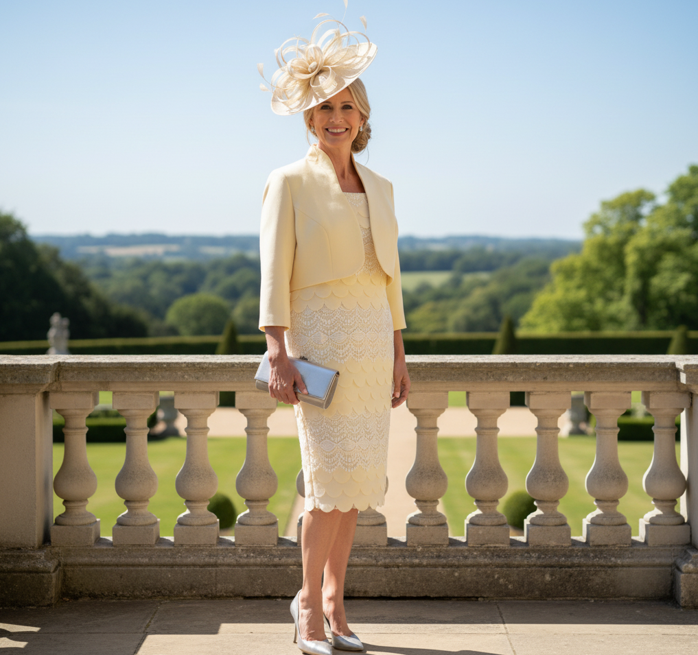 Woman in a Condici lemon mother of the bride dress and jacket and a matching fascinator. Signature Dress.