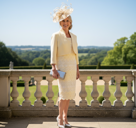Woman in a Condici lemon mother of the bride dress and jacket and a matching fascinator. Signature Dress.