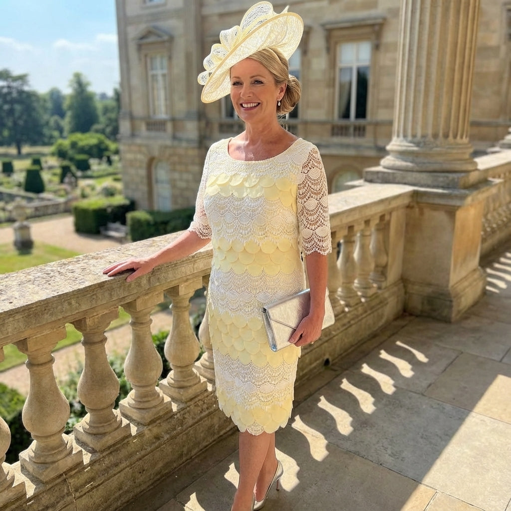 Woman in a Condici lemon mother of the bride dress and jacket and a matching fascinator. Signature Dress.