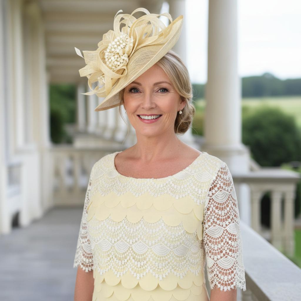 Woman in a Condici lemon mother of the bride dress and jacket and a matching fascinator. Signature Dress.