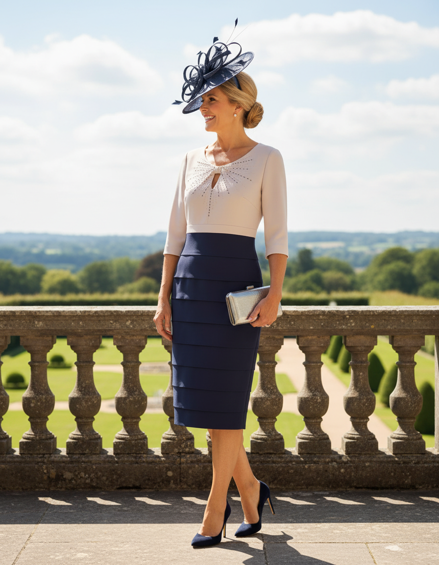 Woman in formal Condici mother of the bride 2 piece outfit paired with a navy disc fascinator standing outdoors ready for a wedding. Signature Dress.
