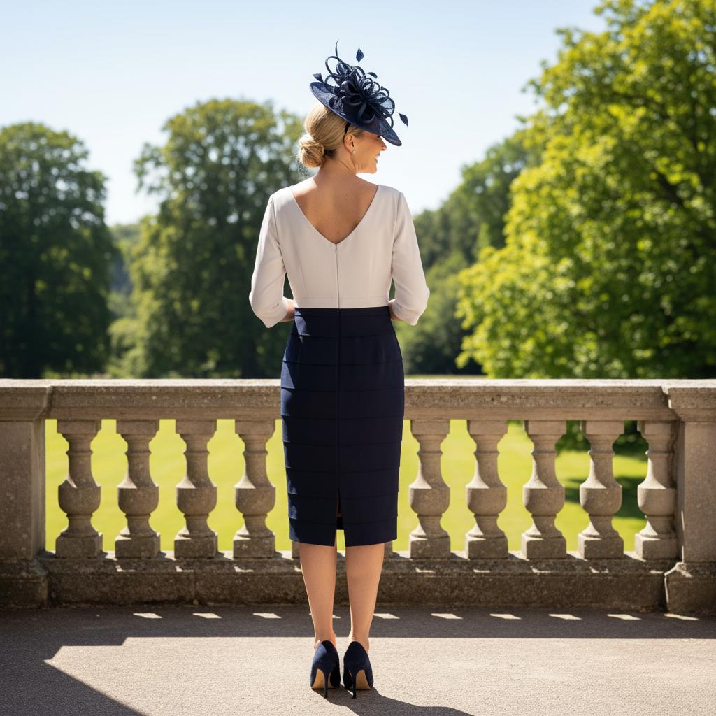 Woman in formal Condici mother of the bride 2 piece outfit paired with a navy disc fascinator standing outdoors ready for a wedding. Signature Dress.