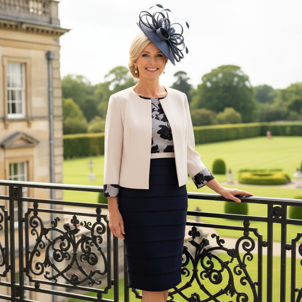 Woman in a Condici 2 piece navy mother of the bride outfit and matching navy disc fascinator. Signature Dress.