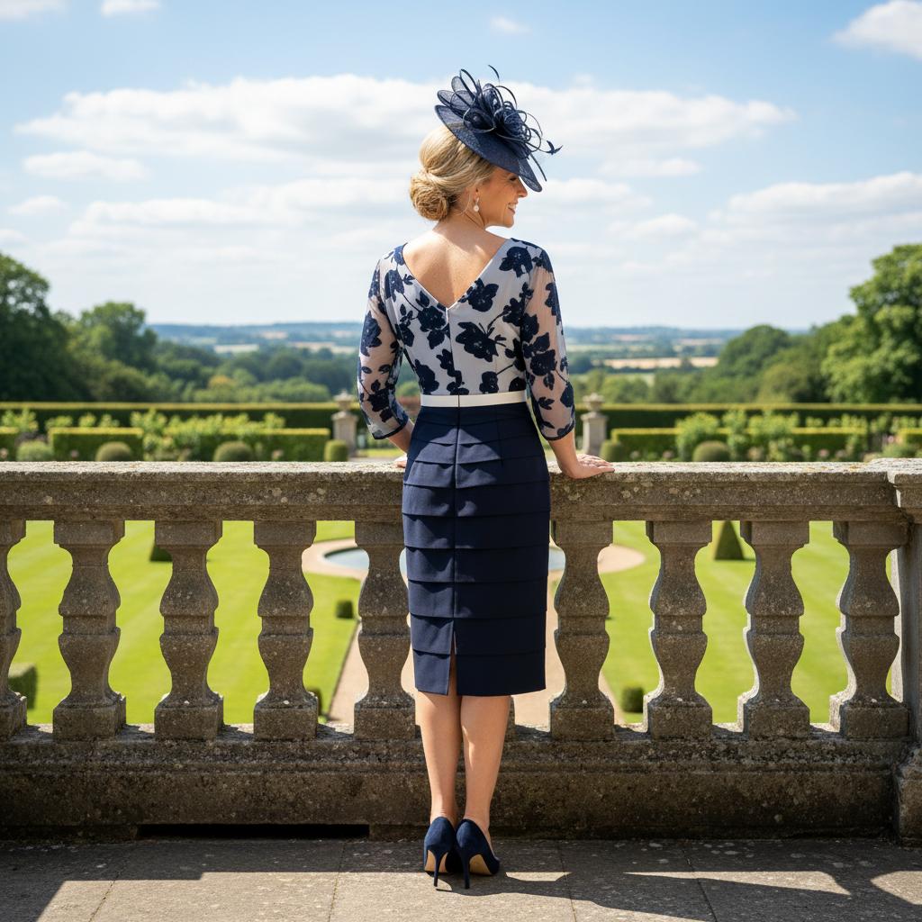 Woman in a Condici 2 piece navy mother of the bride outfit and matching navy disc fascinator. Signature Dress.