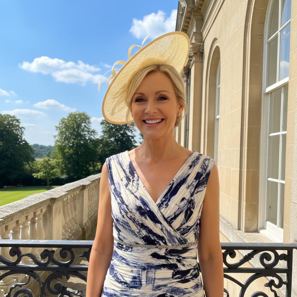 Woman in a Condici lemon 2 piece dress and jacket standing on a balcony with a scenic background. Signature Dress.
