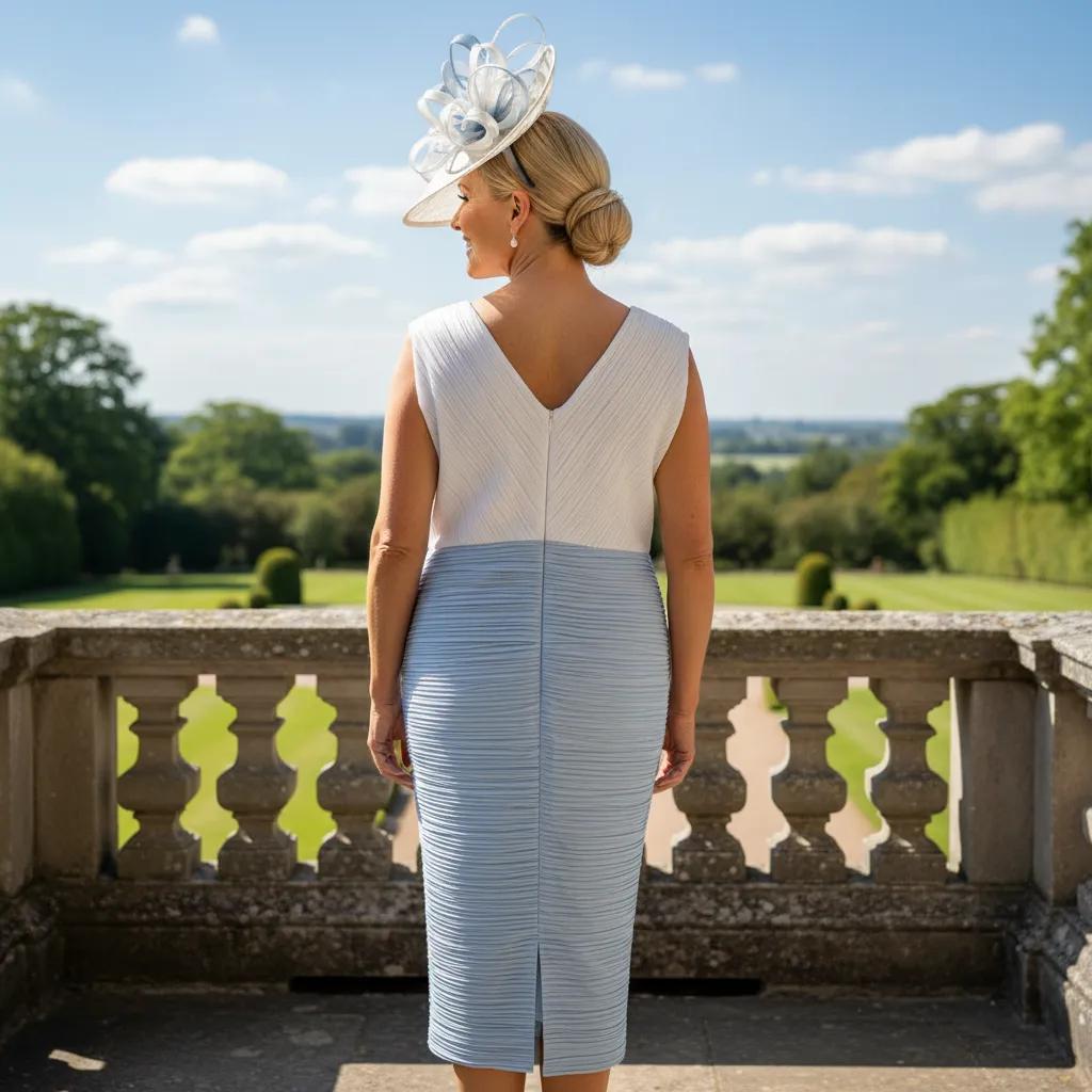 Woman in a Condici light blue mother of the bride dress and jacket with a matching hat standing in a garden. Signature Dress.