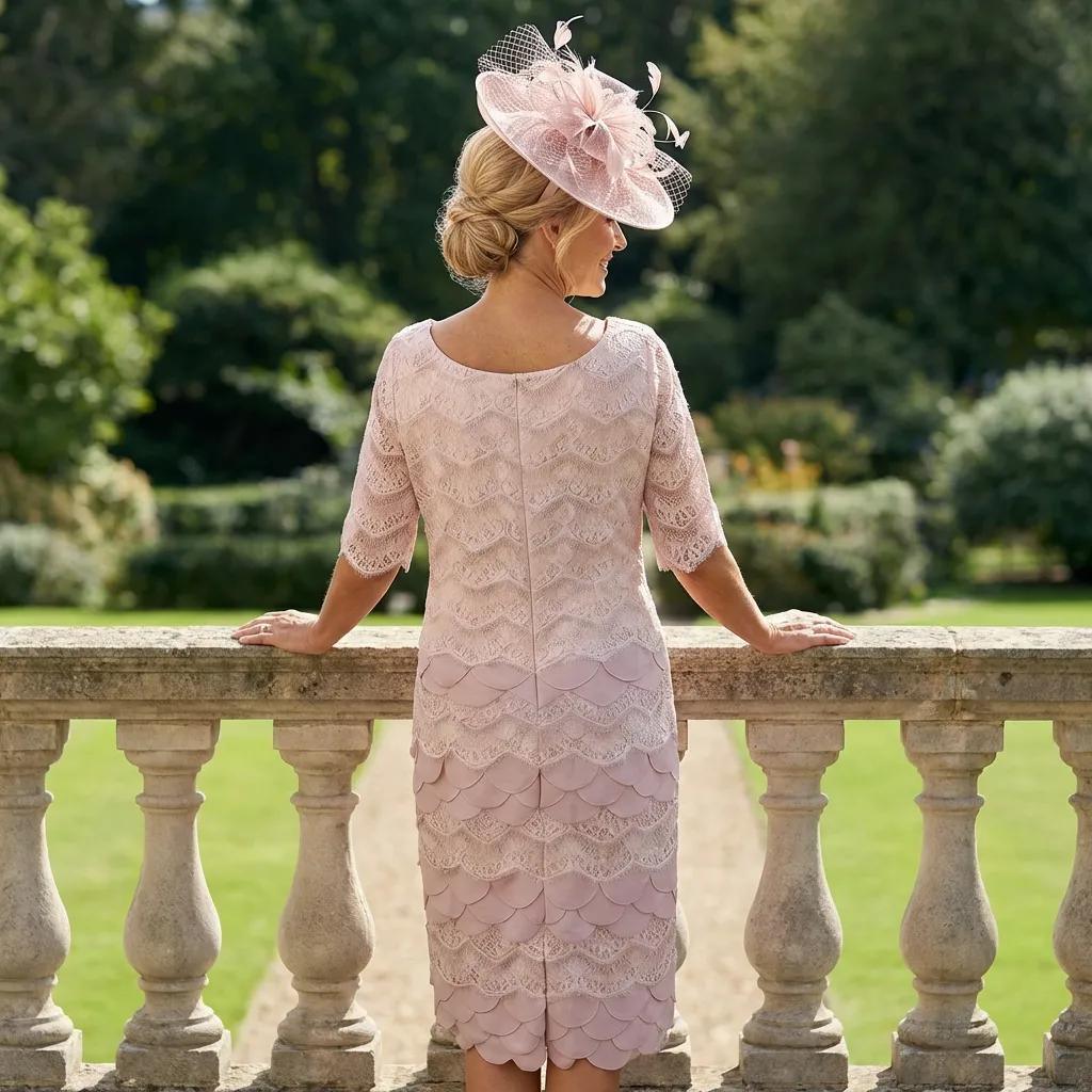 Woman in a Condici pink mother of the dress and jacket and a matching pink fascinator ready for a wedding. Signature Dress