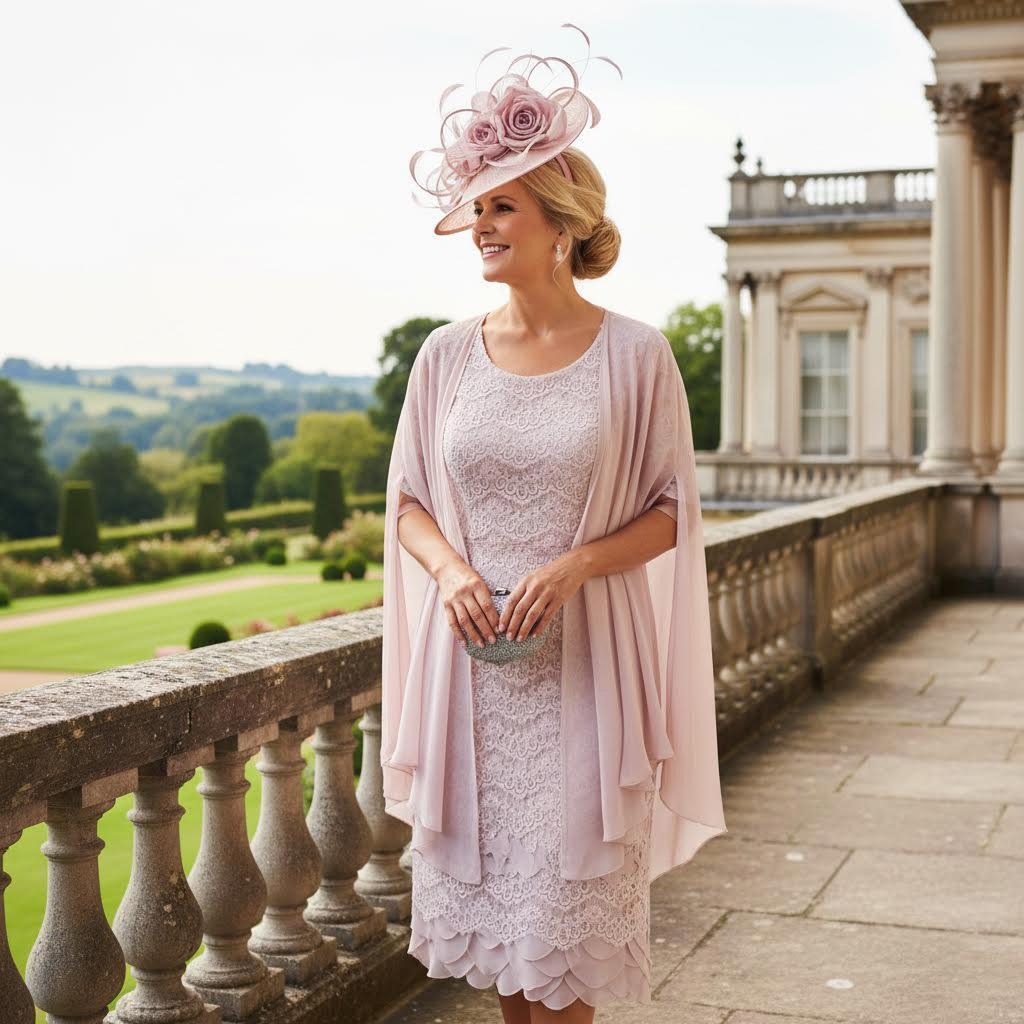 Elegant woman in a pale pink lace special occasion dress with matching fascinator outdoors