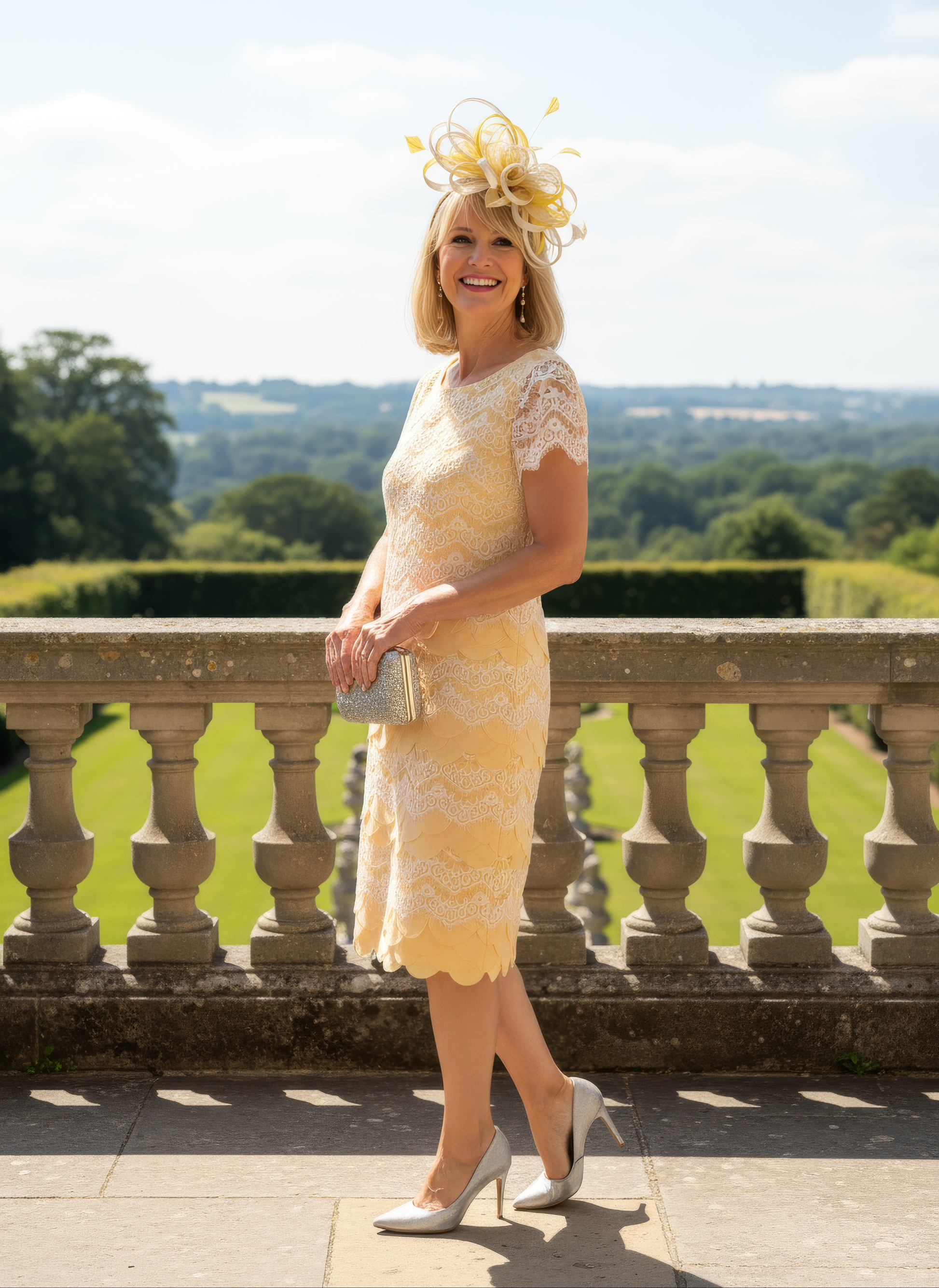 Woman in a yellow lace dress with a decorative headpiece standing on a stone balcony with a scenic background.