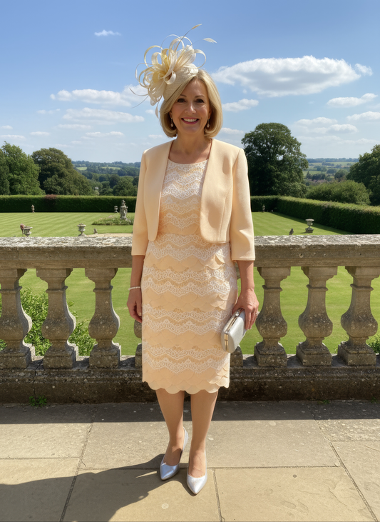 Woman in a yellow dress and jacket standing outdoors with a scenic background